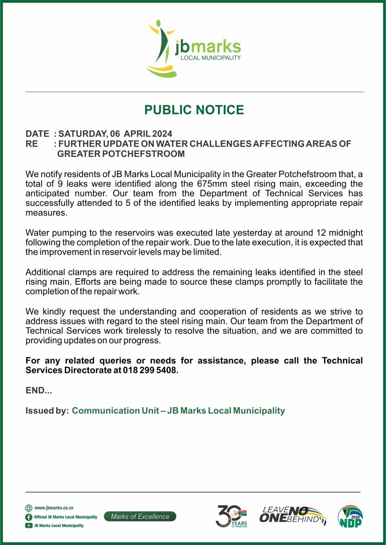 PUBLIC NOTICE - FURTHER UPDATE ON WATER CHALLENGES AFFECTING AREAS OF GREATER POTCHEFSTROOM 06 APRIL 2024