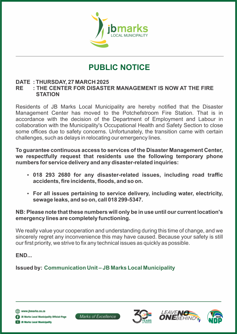 PUBLIC NOTICE - THE CENTER FOR DISASTER MANAGEMENT IS NOW AT THE FIRE STATION - 27 MARCH 2025