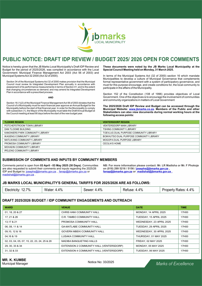 WS - ADVERT - DRAFT IDP REVIEW-BUDGET 2025-2026 OPEN FOR COMMENTS 1 APRIL 2025