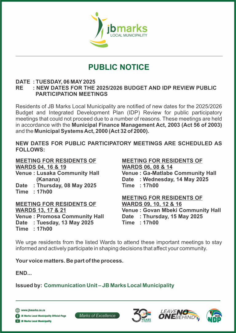 PUBLIC NOTICE - NEW DATES FOR REMAINING 2025-2026 BUDGET AND IDP REVIEW PUBLIC PARTICIPATION MEETINGS - 06 MAY 2025