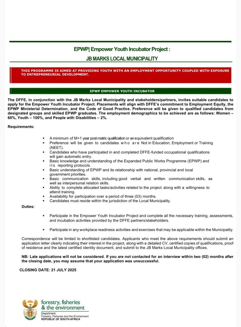 EPWP - Empower Youth Incubator Project- JB Marks Local Menicipality - Closing Date - 21 July 2024