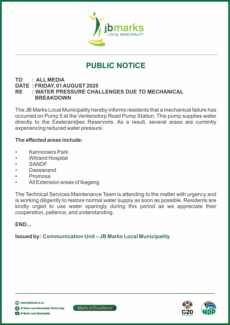 PUBLIC NOTICE - WATER PRESSURE CHALLENGES DUE TO A MECHANICAL BREAKDOWN - 01 AUGUST 2025