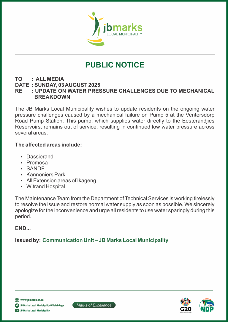 UPDATED PUBLIC NOTICE - UPDATE ON WATER PRESSURE CHALLENGES DUE TO A MECHANICAL BREAKDOWN - 03 AUGUST 2025