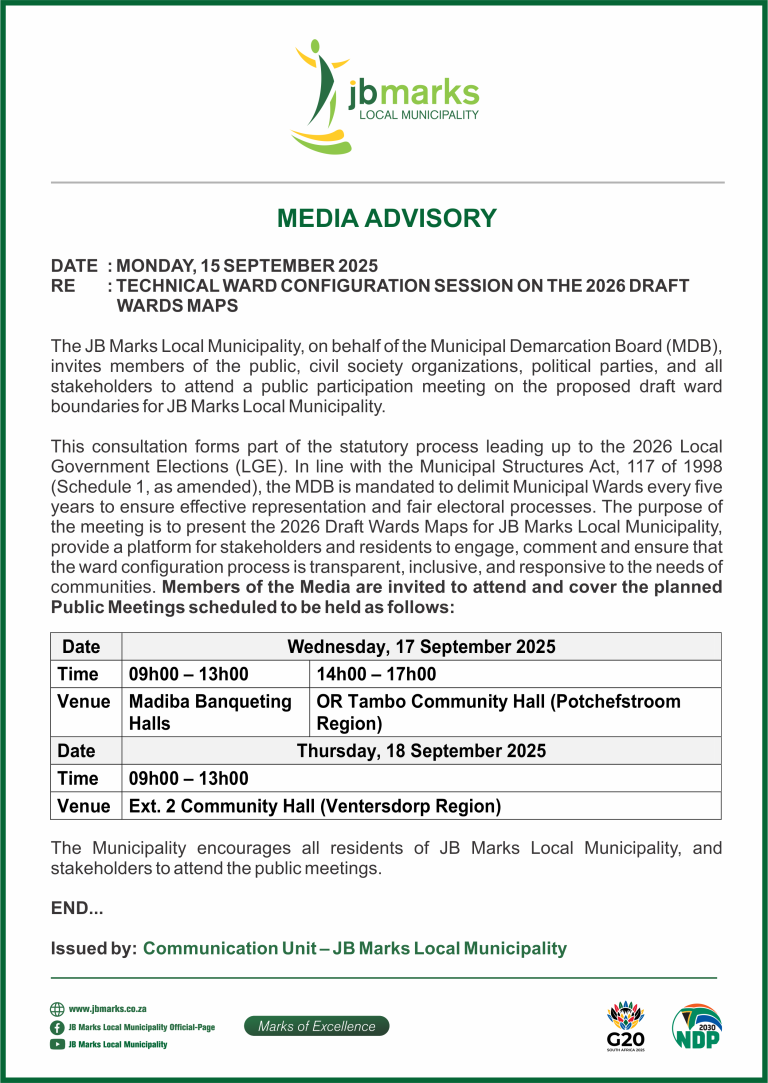 MEDIA ADVISORY - PUBLIC MEETINGS ON TECHNICAL WARD CONFIGURATION SESSION TO DELIMIT THE 2026 DRAFT WARDS MAPS -15 SEPTEMBER 2025