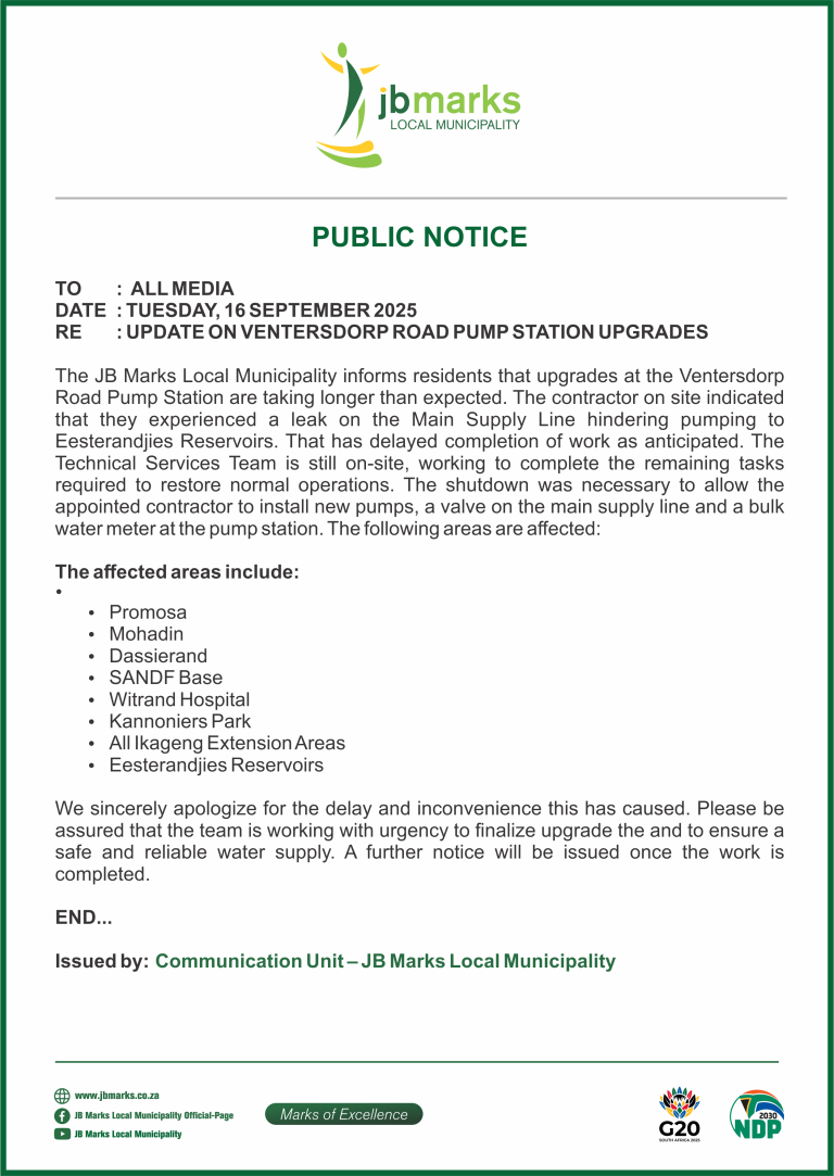 UPDATED PUBLIC NOTICE - VENTERSDORP ROAD PUMP STATION UPGRADES - 16 SEPTEMBER 2025