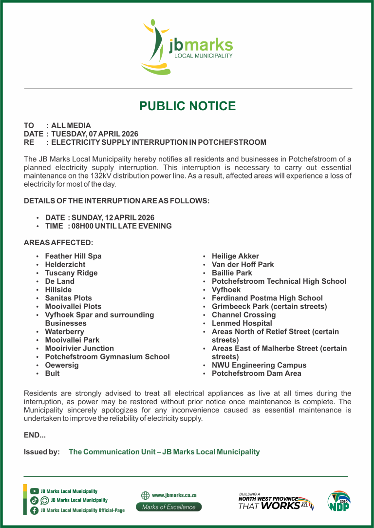 PUBLIC NOTICES - ELECTRICITY SUPPLY INTERRUPTION IN POTCHEFSTROOM - 07 APRIL 2026