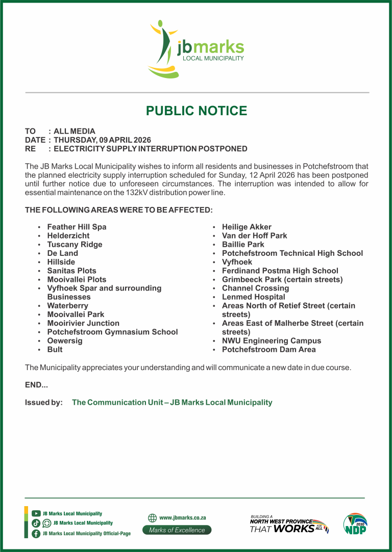 PUBLIC NOTICES - ELECTRICITY SUPPLY INTERRUPTION POSTPONED - 09 APRIL 2026