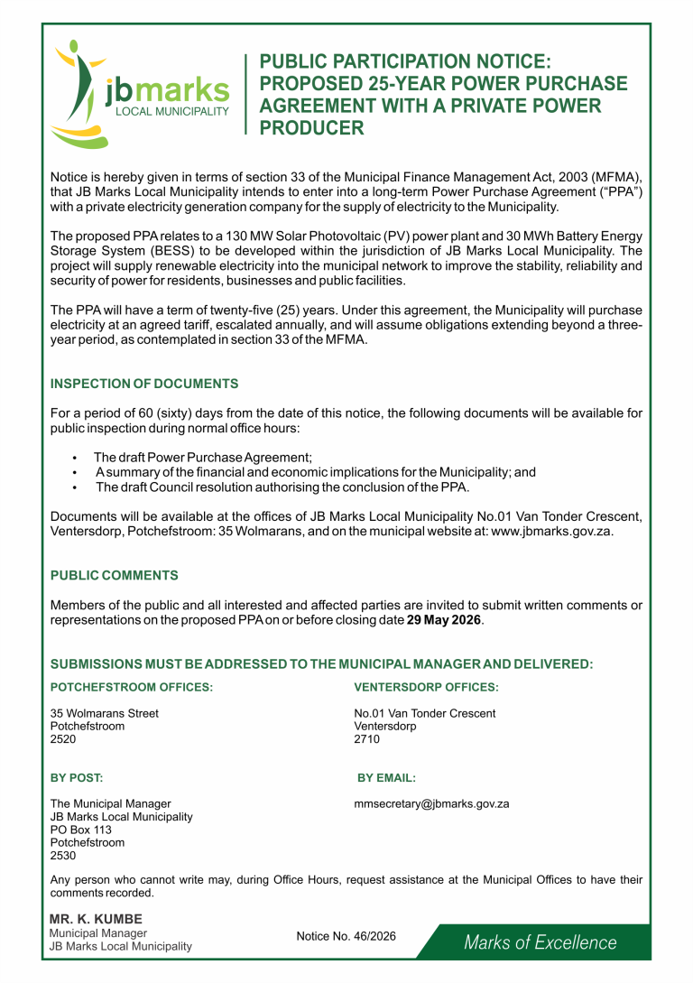 WS - PUBLIC PARTICIPATION NOTICE - PROPOSED 25-YEAR POWER PURCHASE AGREE...