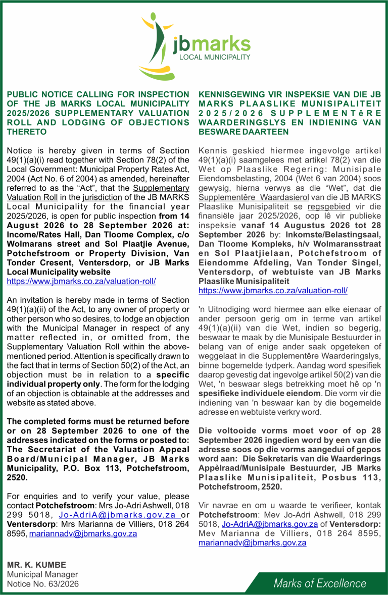 ADVERT - PUBLIC NOTICE CALLING FOR INSPECTION OF THE JB MARKS LOCAL MUNI...
