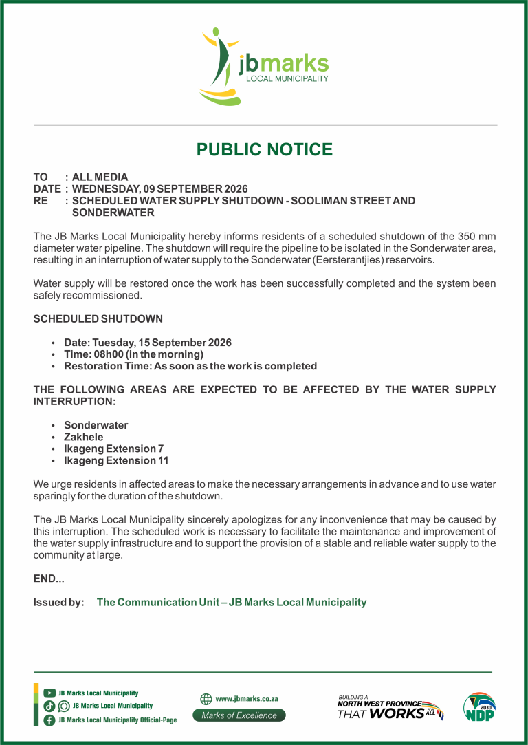 PUBLIC NOTICE - SCHEDULED WATER SUPPLY SHUTDOWN - SOOLIMAN STREET AND SO...
